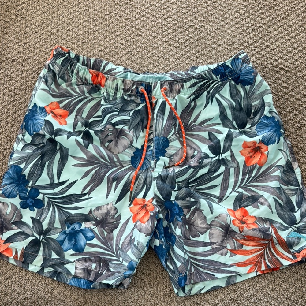 Tommy Bahama Blue and Orange Swim Trunks Tropical Design